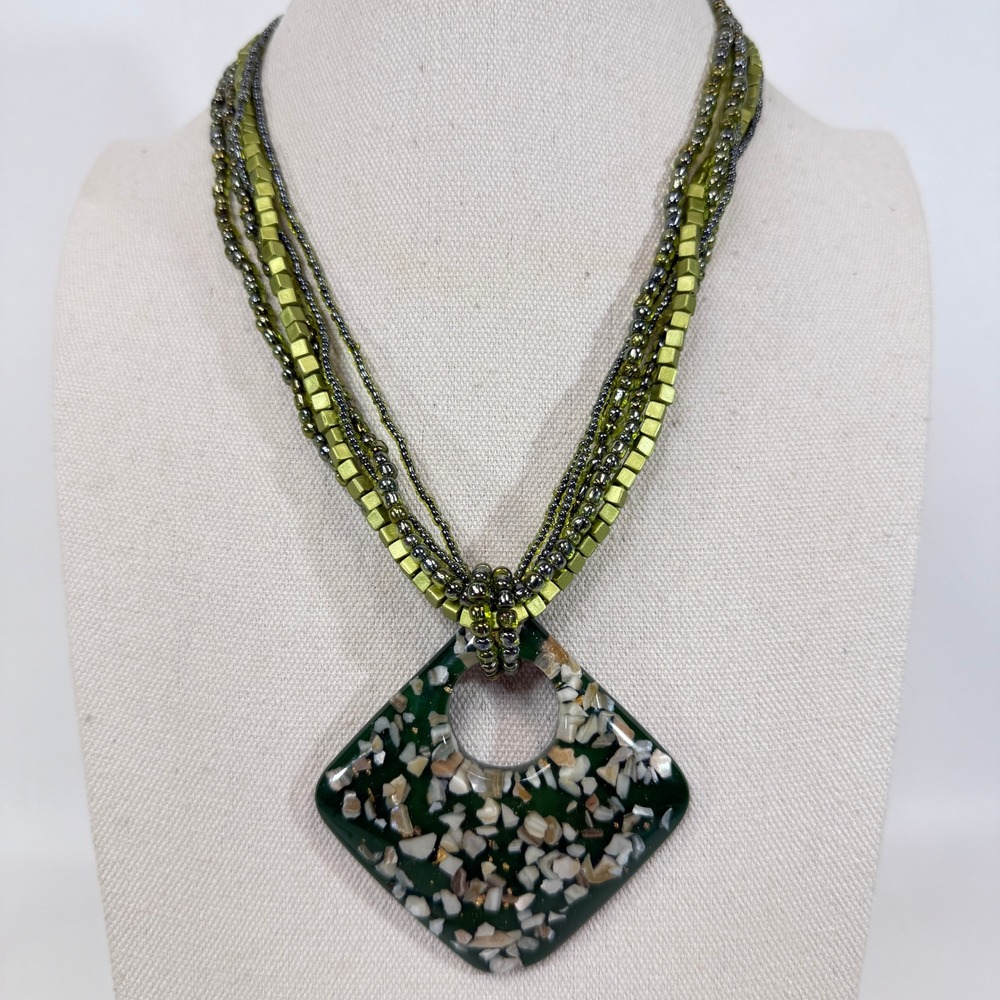 Green Multi Strand Beaded Statement Necklace Large‎ Pendant Jewelry Forest